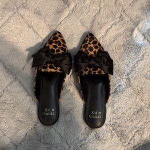 Crown & Ivy Leopard Mules with Black Bow